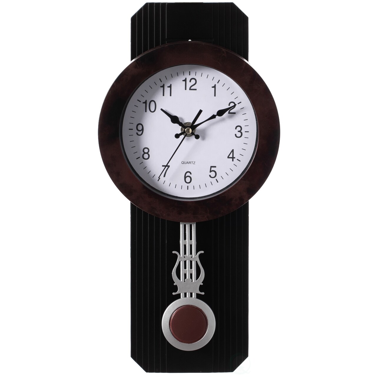 Wood-Look Pendulum Plastic Wall Clock, Vintage Farmhouse Decor for Living Room, Kitchen, or Dining Room, Silent Clock with Roman Numerals, Battery Powered, Large Decorative Wall Clock, Easy-to-Read